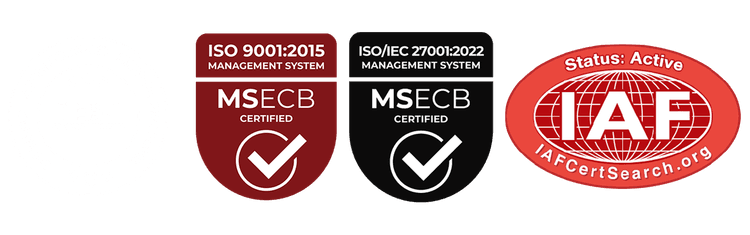 ISO 9001:2015 MSECB Certified, ISO/IEC 27001:2022 MSECB Certified, IAF CertSearch Active